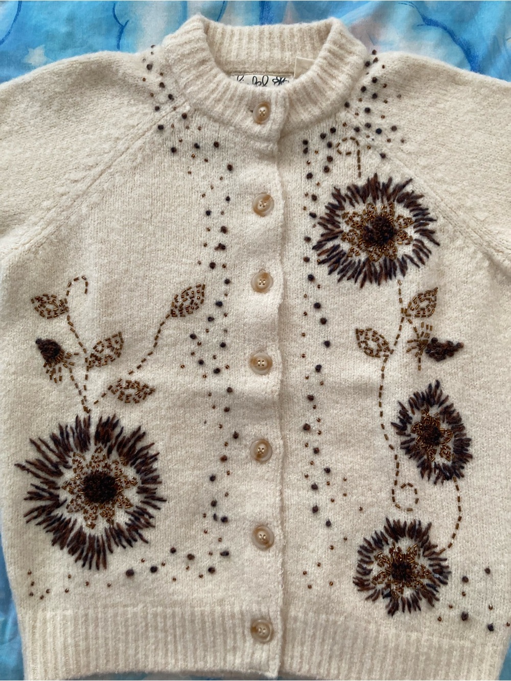 BNWT Anthropologie Medium Ivory Sweater Cardigan with Brown Floral Embroidery